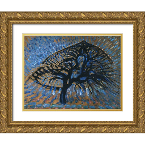 Apple Tree-Pointillist Version Gold Ornate Wood Framed Art Print with Double Matting by Mondrian, Piet