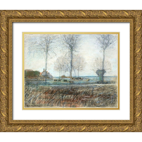 Farm Setting-Three Tall Trees in the Foreground Gold Ornate Wood Framed Art Print with Double Matting by Mondrian, Piet