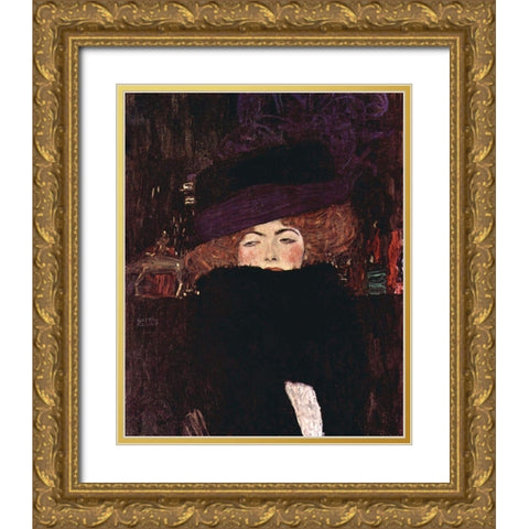 Dame mit Hut und Federboa Gold Ornate Wood Framed Art Print with Double Matting by Klimt, Gustav
