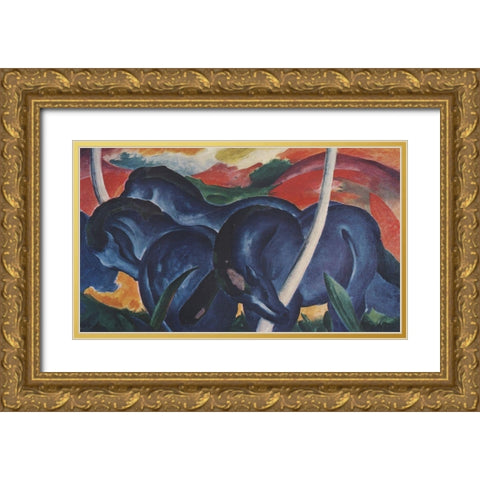 The Blue Horses Gold Ornate Wood Framed Art Print with Double Matting by Marc, Franz