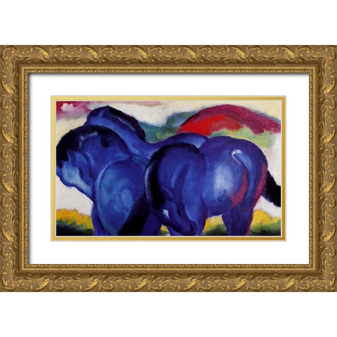 The Small Blue Horses Gold Ornate Wood Framed Art Print with Double Matting by Marc, Franz