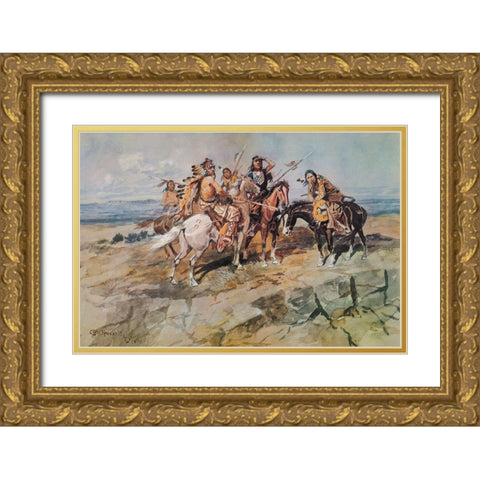 Approach of the White Men Gold Ornate Wood Framed Art Print with Double Matting by Russell, Charles Marion