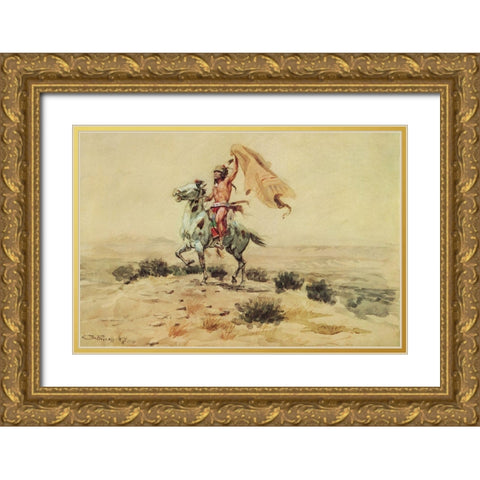 Indian Signaling Gold Ornate Wood Framed Art Print with Double Matting by Russell, Charles Marion