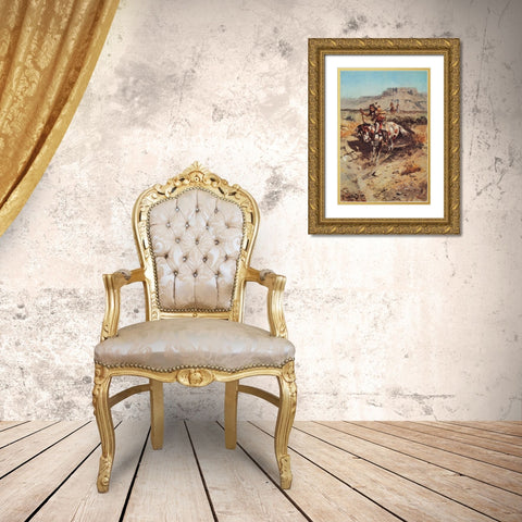 Indians on Horseback Gold Ornate Wood Framed Art Print with Double Matting by Russell, Charles Marion