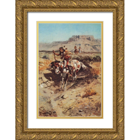 Indians on Horseback Gold Ornate Wood Framed Art Print with Double Matting by Russell, Charles Marion