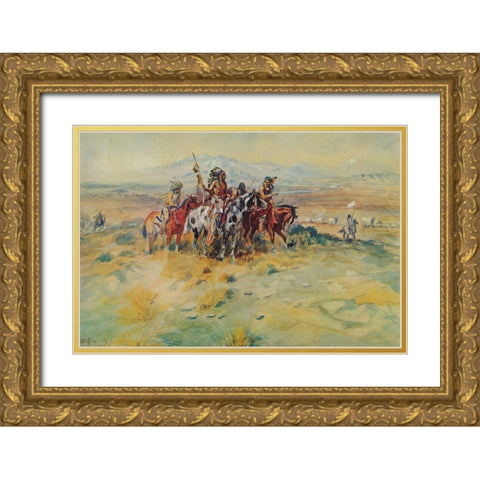 Intercepted Wagon Train Gold Ornate Wood Framed Art Print with Double Matting by Russell, Charles Marion