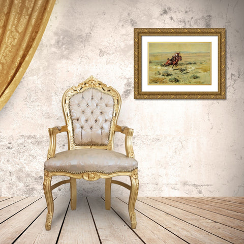 Roping a Wolf Gold Ornate Wood Framed Art Print with Double Matting by Russell, Charles Marion
