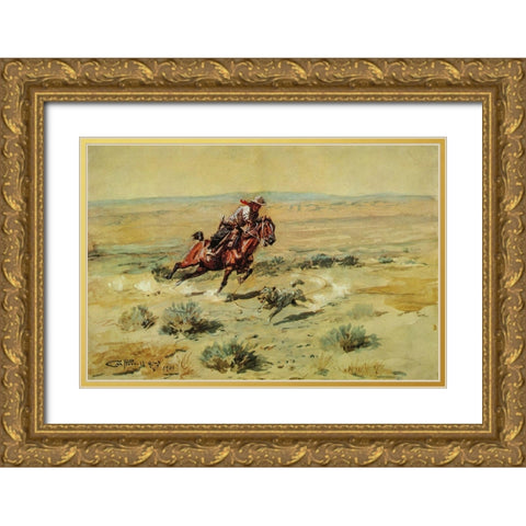 Roping a Wolf Gold Ornate Wood Framed Art Print with Double Matting by Russell, Charles Marion