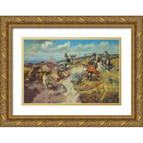 Tight Dally and a Loose Latigo Gold Ornate Wood Framed Art Print with Double Matting by Russell, Charles Marion