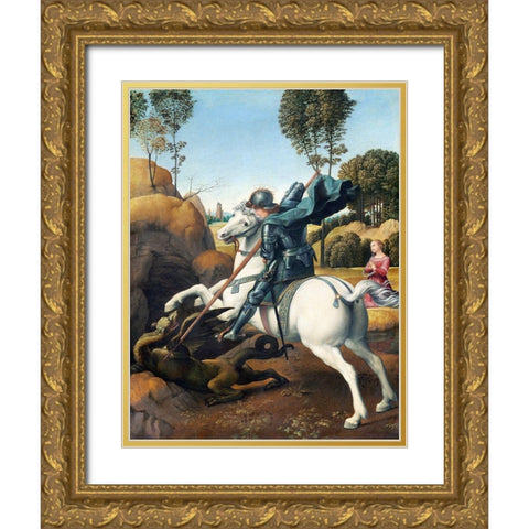 Saint George and the Dragon Gold Ornate Wood Framed Art Print with Double Matting by Raphael