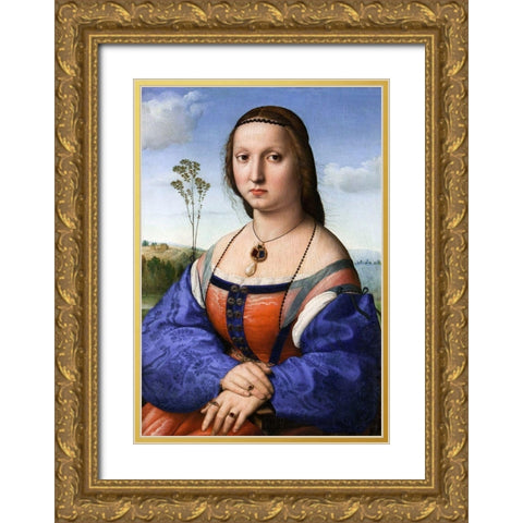Portrait of Maddalena Strozzi Doni Gold Ornate Wood Framed Art Print with Double Matting by Raphael