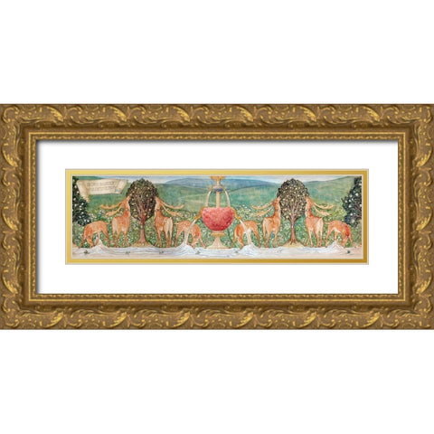 Deer by a Fountain Gold Ornate Wood Framed Art Print with Double Matting by Burneâ€“Jones, Edward