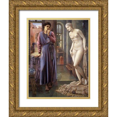 Pygmalion and the Image-The Hand Refrains Gold Ornate Wood Framed Art Print with Double Matting by Burneâ€“Jones, Edward