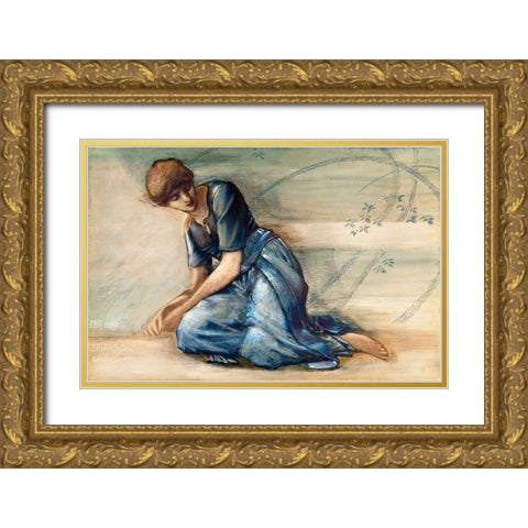 The Briar Rose Series-Study for The Garden Court Gold Ornate Wood Framed Art Print with Double Matting by Burneâ€“Jones, Edward