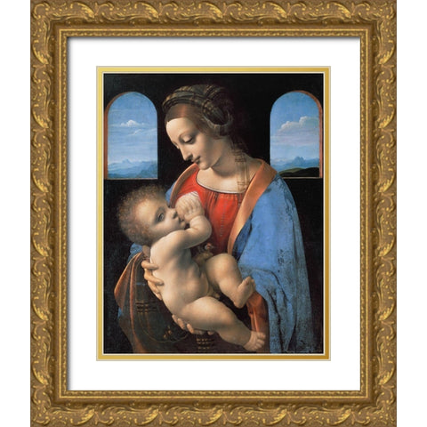 Madonna Litta Gold Ornate Wood Framed Art Print with Double Matting by da Vinci, Leonardo