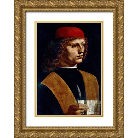 The Portrait of a Musician Gold Ornate Wood Framed Art Print with Double Matting by da Vinci, Leonardo