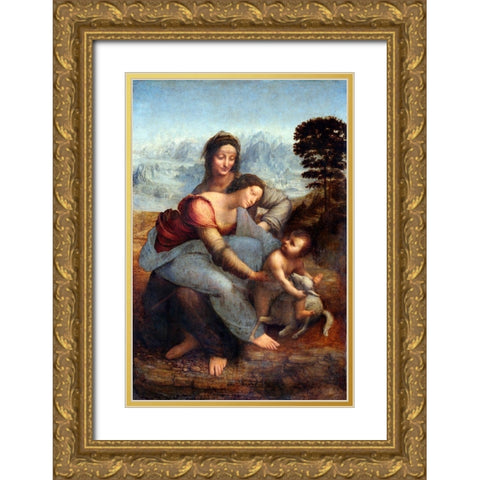 The Virgin and Child with Saint Anne Gold Ornate Wood Framed Art Print with Double Matting by da Vinci, Leonardo