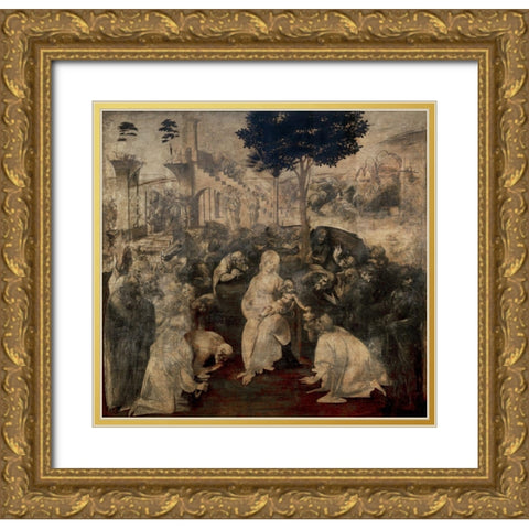 Adoration of the Magi Gold Ornate Wood Framed Art Print with Double Matting by da Vinci, Leonardo
