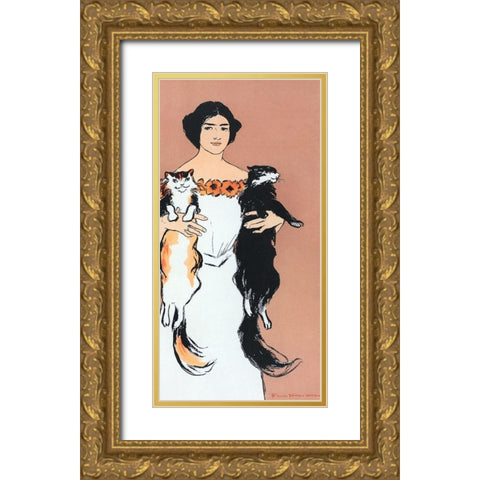 Woman Holding Cats Gold Ornate Wood Framed Art Print with Double Matting by Penfield, Edward