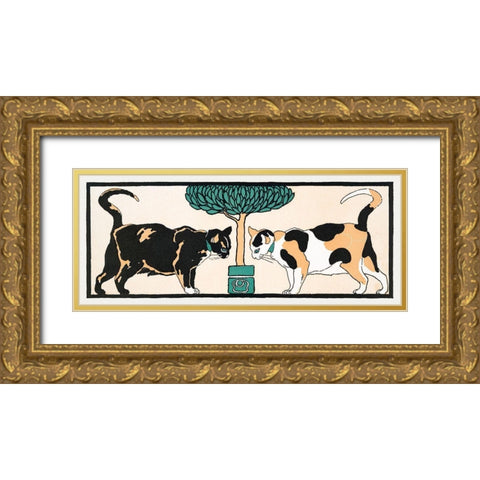 Cats under a tree Gold Ornate Wood Framed Art Print with Double Matting by Penfield, Edward
