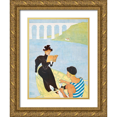 Woman reading in a row boat Gold Ornate Wood Framed Art Print with Double Matting by Penfield, Edward
