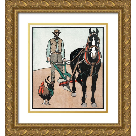 Man with Rooster and Horse Gold Ornate Wood Framed Art Print with Double Matting by Penfield, Edward