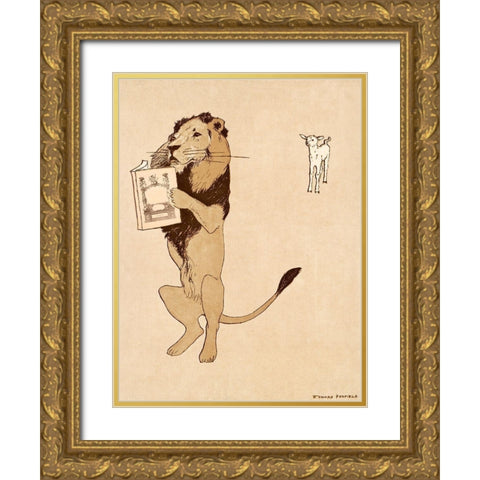 Lion and a book 1894 Gold Ornate Wood Framed Art Print with Double Matting by Penfield, Edward