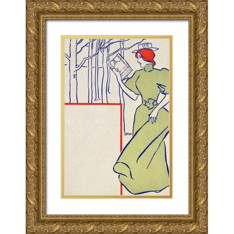 Woman in green dress reading a book  Gold Ornate Wood Framed Art Print with Double Matting by Penfield, Edward