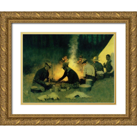 Hunters Camp in the Big Horn Gold Ornate Wood Framed Art Print with Double Matting by Remington, Frederic