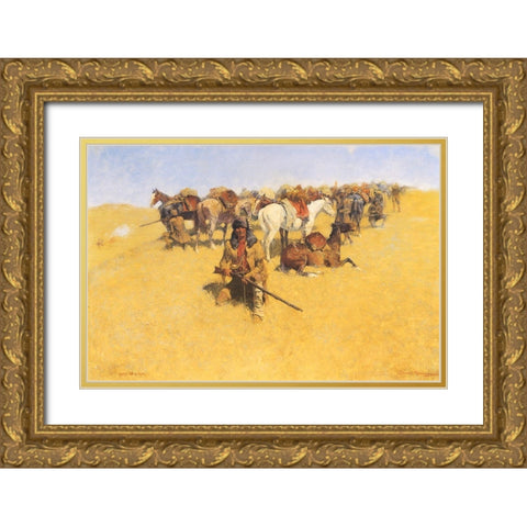 Old Time Plains Fight Gold Ornate Wood Framed Art Print with Double Matting by Remington, Frederic