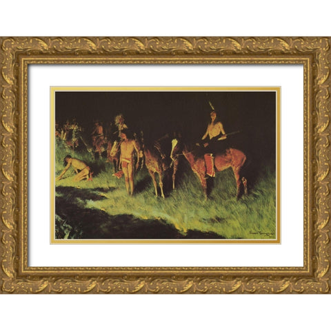 The Grass Fire Gold Ornate Wood Framed Art Print with Double Matting by Remington, Frederic