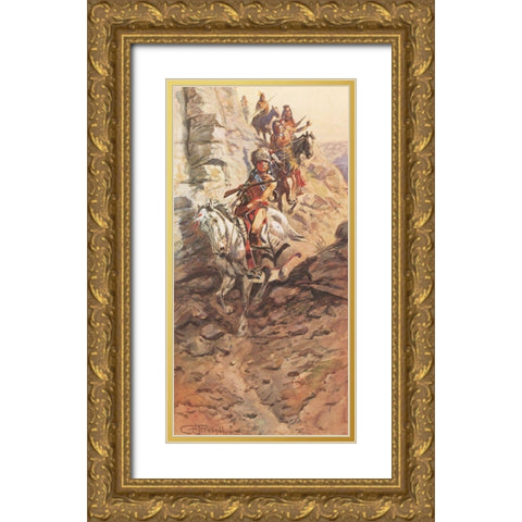 Indian Scouting Party Gold Ornate Wood Framed Art Print with Double Matting by Russell, Charles Marion