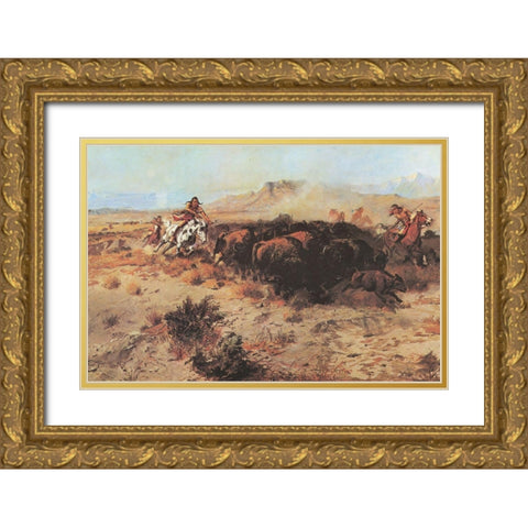 The Buffalo Hunt No 26 Gold Ornate Wood Framed Art Print with Double Matting by Russell, Charles Marion