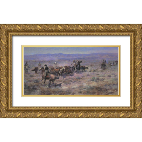 The Round Up Gold Ornate Wood Framed Art Print with Double Matting by Russell, Charles Marion