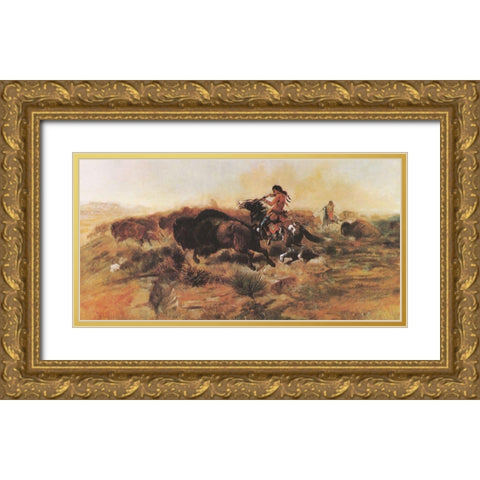 Wild Meat for Wild Men Gold Ornate Wood Framed Art Print with Double Matting by Russell, Charles Marion