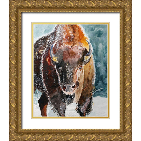 Bison Bull Gold Ornate Wood Framed Art Print with Double Matting by Derr, Wynn