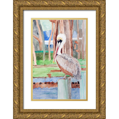 Brown Pelican Gold Ornate Wood Framed Art Print with Double Matting by Derr, Wynn