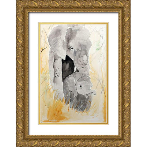 Elephant Pair Gold Ornate Wood Framed Art Print with Double Matting by Derr, Wynn
