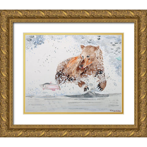 Grizzly Chasing Salmon Gold Ornate Wood Framed Art Print with Double Matting by Derr, Wynn