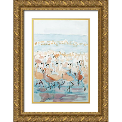 Lesser Flamingos Gold Ornate Wood Framed Art Print with Double Matting by Derr, Wynn