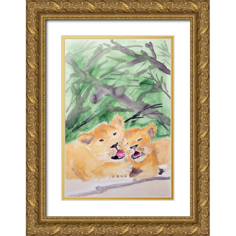 Lion Cubs Gold Ornate Wood Framed Art Print with Double Matting by Derr, Wynn
