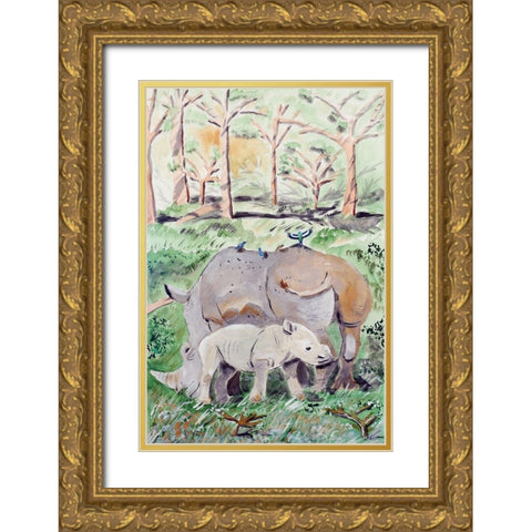 Rhinoceros Duo Gold Ornate Wood Framed Art Print with Double Matting by Derr, Wynn
