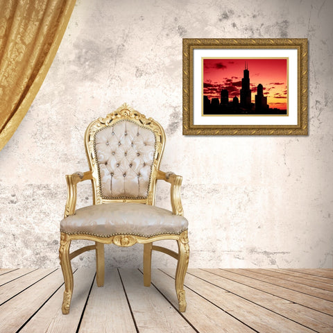 Chicagos Skyline appears in silhouette at sunset Gold Ornate Wood Framed Art Print with Double Matting by Highsmith, Carol