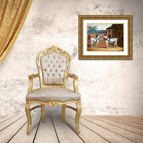 Grey carriage horses in the coachyard at Putteridge Bury-Hertfordshire Gold Ornate Wood Framed Art Print with Double Matting by Herring, John Frederick