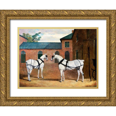 Grey carriage horses in the coachyard at Putteridge Bury-Hertfordshire Gold Ornate Wood Framed Art Print with Double Matting by Herring, John Frederick