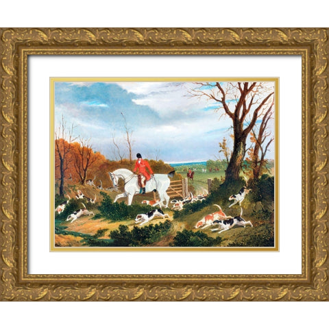 The Suffolk Hunt-Going to Cover near Herringswell Gold Ornate Wood Framed Art Print with Double Matting by Herring, John Frederick