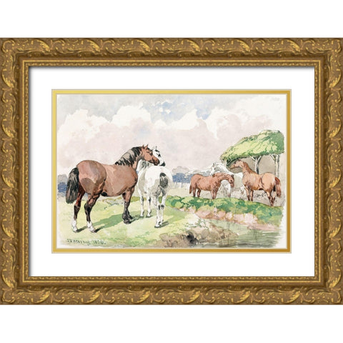 Five Horses near a Brook Gold Ornate Wood Framed Art Print with Double Matting by Herring, John Frederick