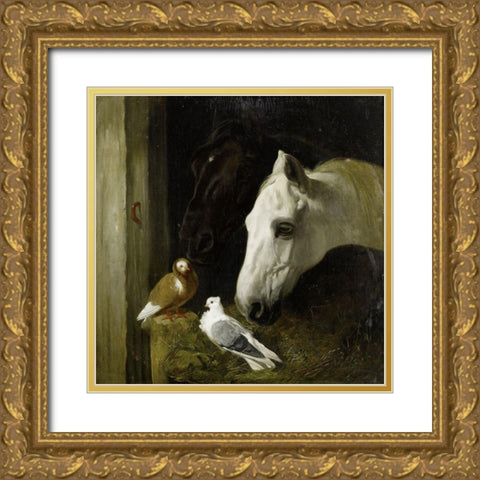 Stable companions Gold Ornate Wood Framed Art Print with Double Matting by Herring, John Frederick