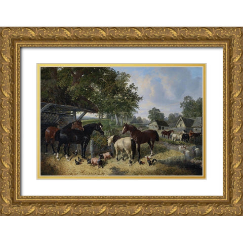 Horses-pigs and chickens in a farmyard Gold Ornate Wood Framed Art Print with Double Matting by Herring, John Frederick