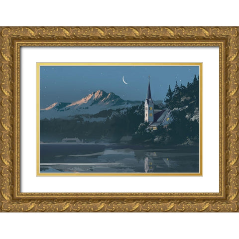 Winter Church Gold Ornate Wood Framed Art Print with Double Matting by East Coast Licensing
